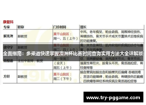 全面指南：多渠道快速掌握澳洲杯比赛时间查询实用方法大全详解版