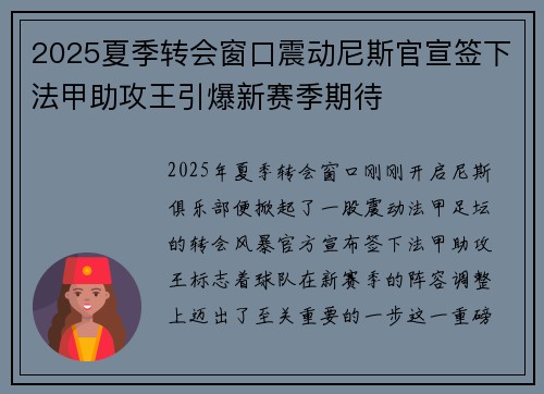 2025夏季转会窗口震动尼斯官宣签下法甲助攻王引爆新赛季期待 2025夏季转会窗口震动尼斯官宣签下法甲助攻王引爆新赛季期待