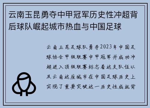 云南玉昆勇夺中甲冠军历史性冲超背后球队崛起城市热血与中国足球