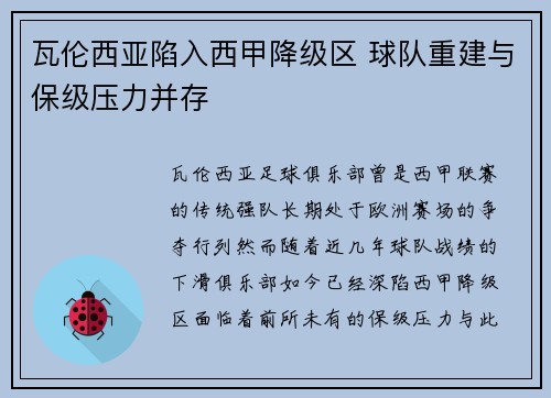 瓦伦西亚陷入西甲降级区 球队重建与保级压力并存 瓦伦西亚陷入西甲降级区 球队重建与保级压力并存