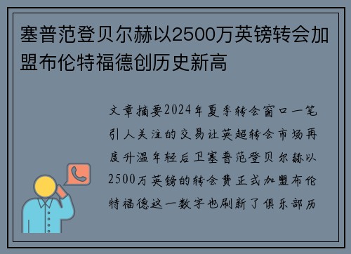 塞普范登贝尔赫以2500万英镑转会加盟布伦特福德创历史新高